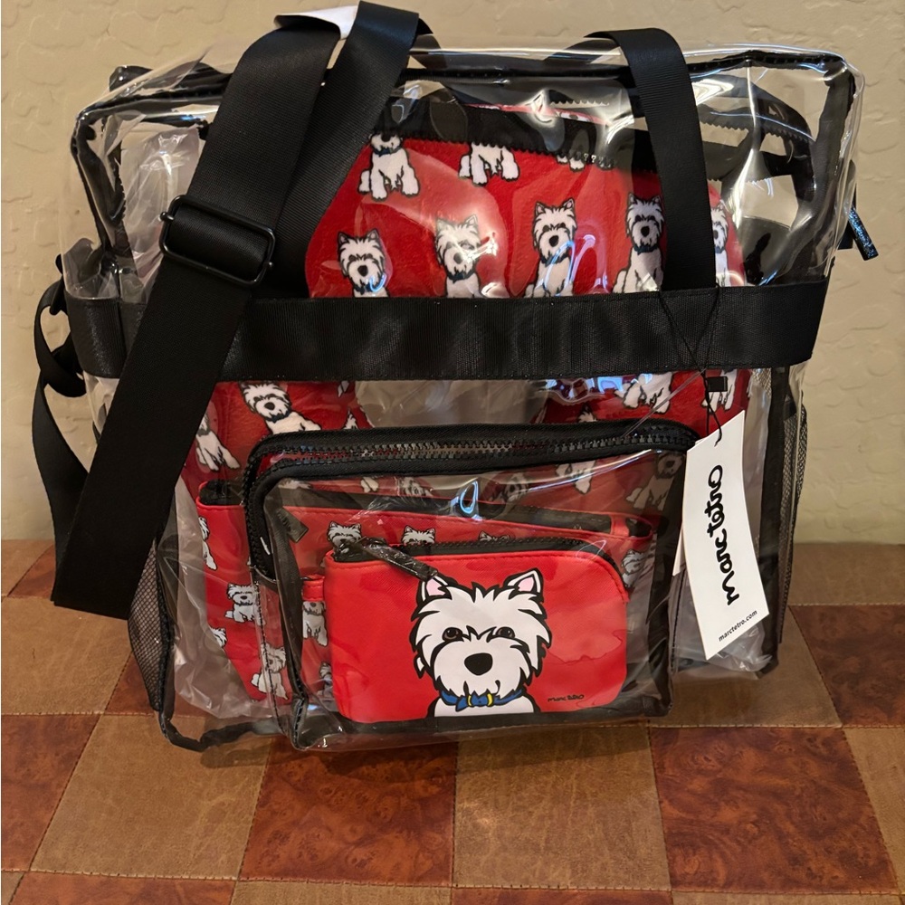 **NWT** Marc Tetro Westie Dog Red and Black Clear Travel Tote Bag